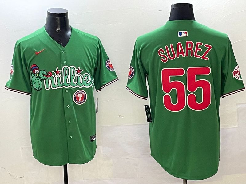 Men Philadelphia Phillies #55 Suarez Green Three generations Joint Name Game 2025 Nike MLB Jersey style 6->philadelphia phillies->MLB Jersey